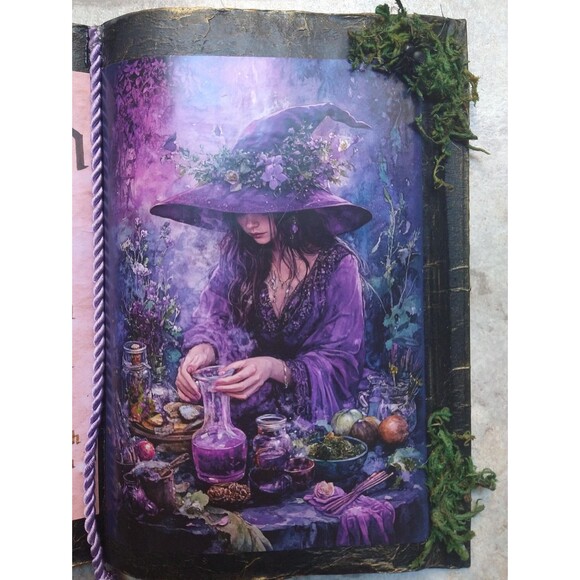 DEFLECTION Floral Witch Open Spell Book Decor lavender with Wand - Picture 3 of 7